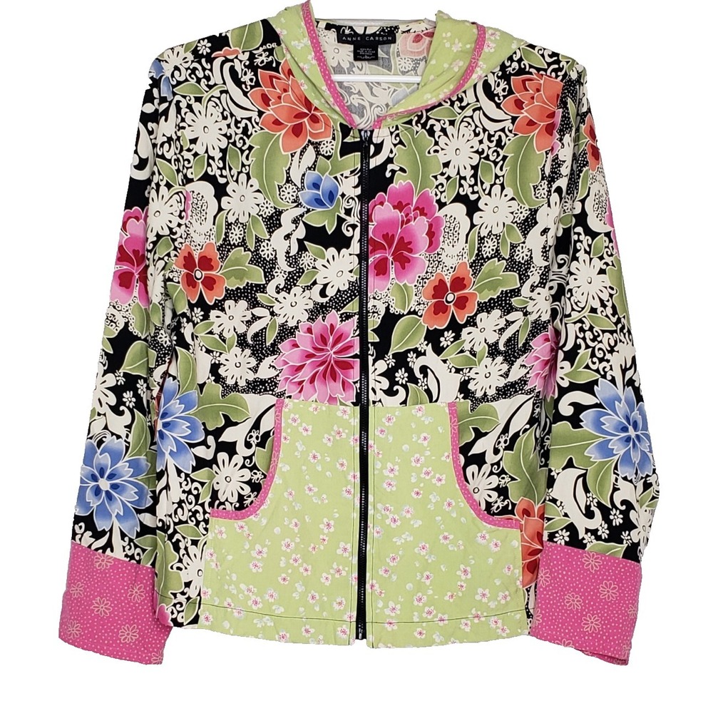 Anne Carson Full Zip Hooded Jacket Size Large Floral Print 100% Silk Lightweight